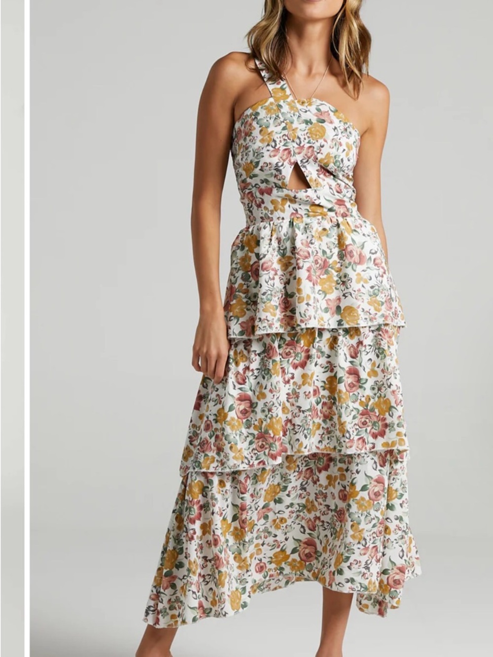 Showpo One-Shoulder Tiered Midi Dress in White with Pink & Mustard Floral